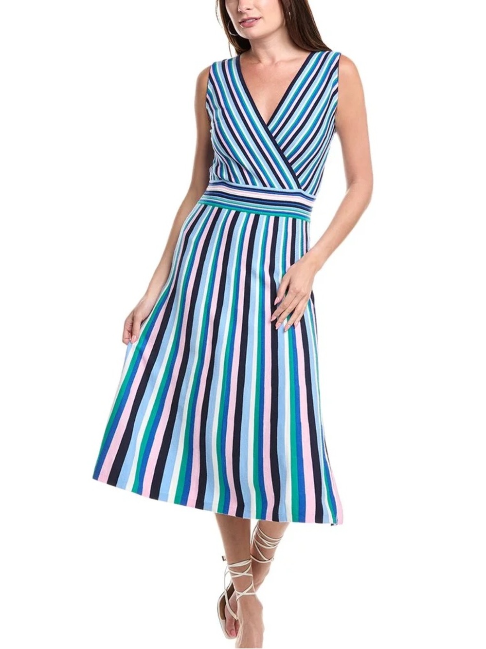 T by Tahari Sleeveless V-Neck Striped Midi Dress in Blue & Green
